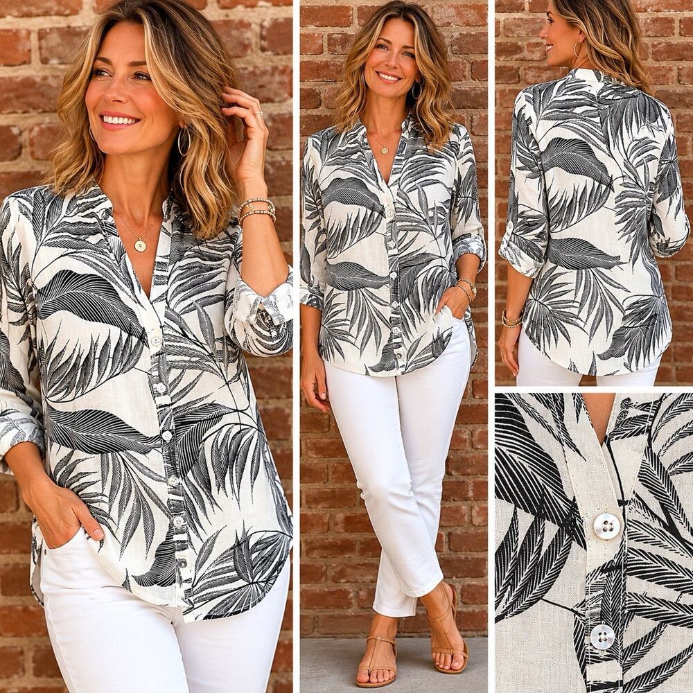 Tahari 100% Linen Palm Leaf Print Button-up Shirt Roll Tab Women’s Sz S Resort